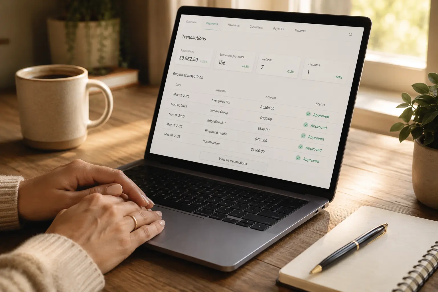 Approved transactions on a laptop screen