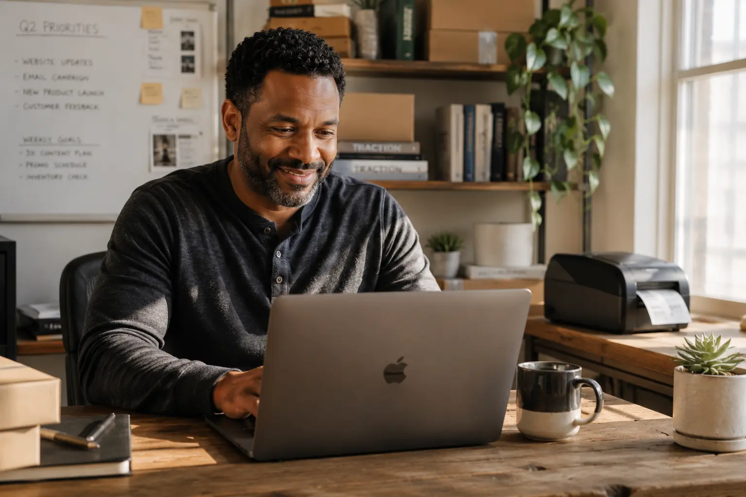 E-commerce founder at desk