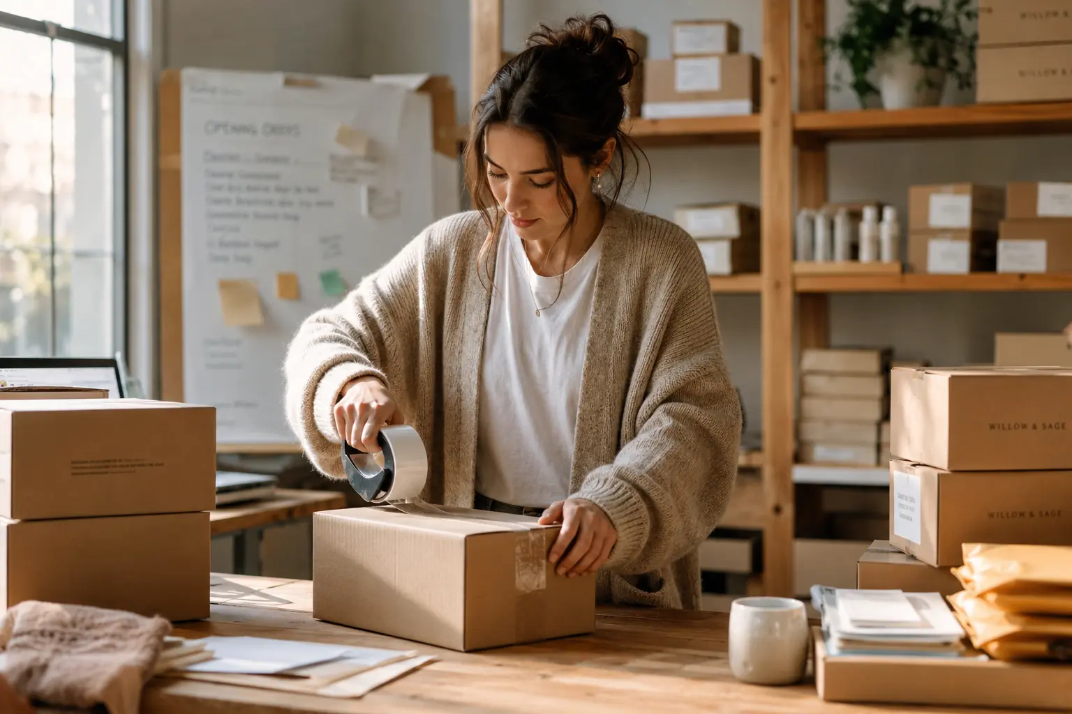 E-commerce founder packing orders in a small fulfillment space